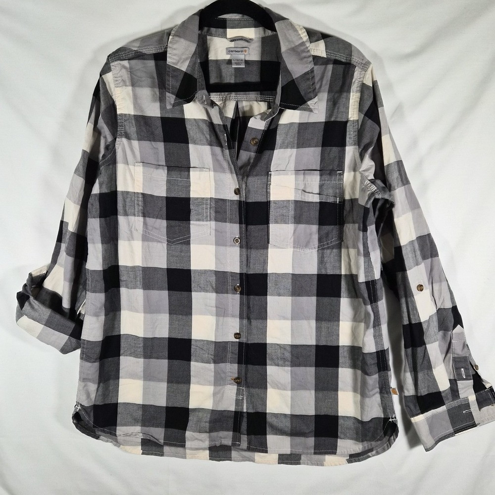 Carhartt Fairview Plaid Button Up Shirt Women's L Black Gray Roll Tab 103085